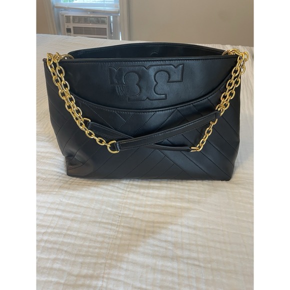 Tory Burch Quilted Leather Alexa Tote - Black‎ 13" - Picture 1 of 14